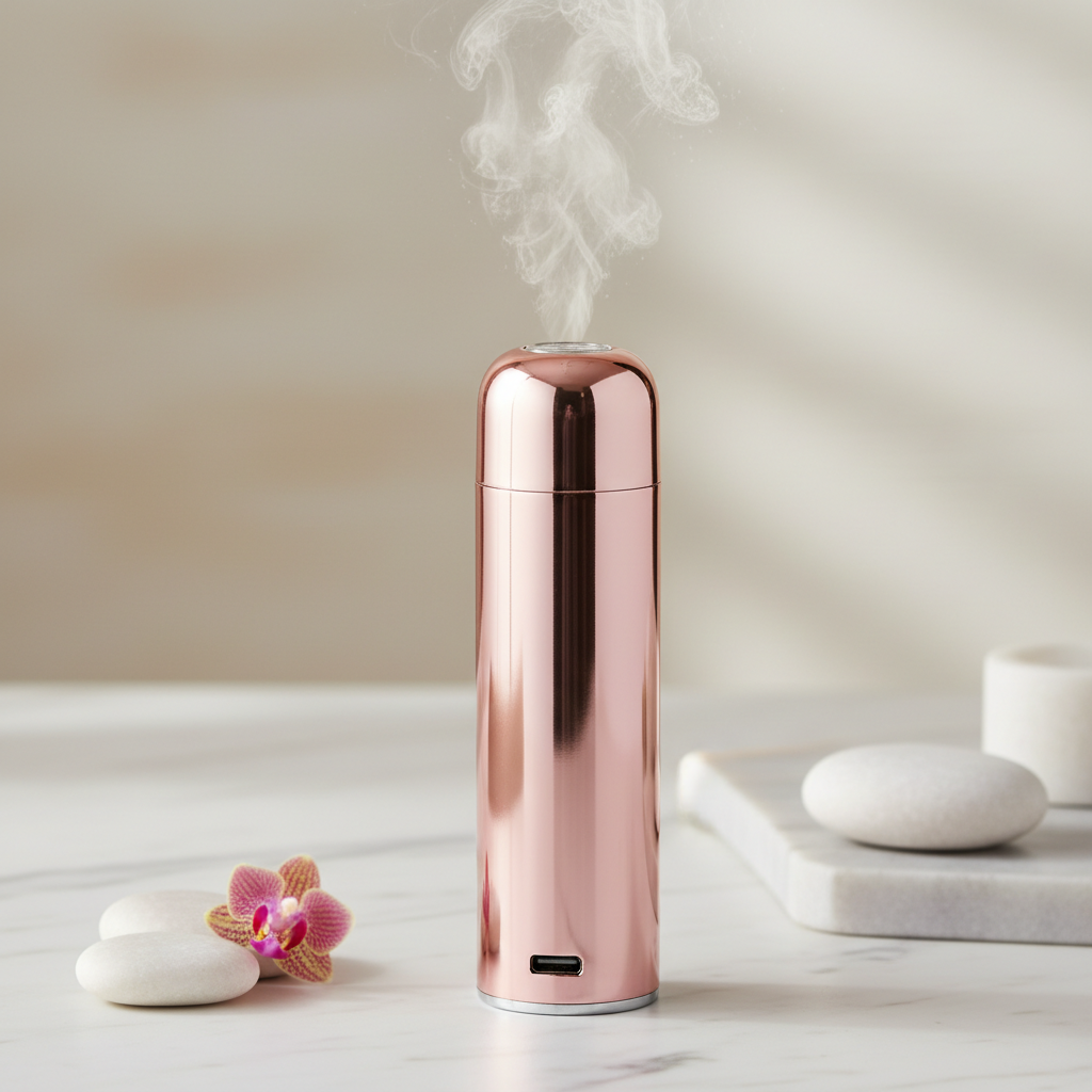 Brumisateur nano mist rose sur marbre blanc – ambiance skincare luxe