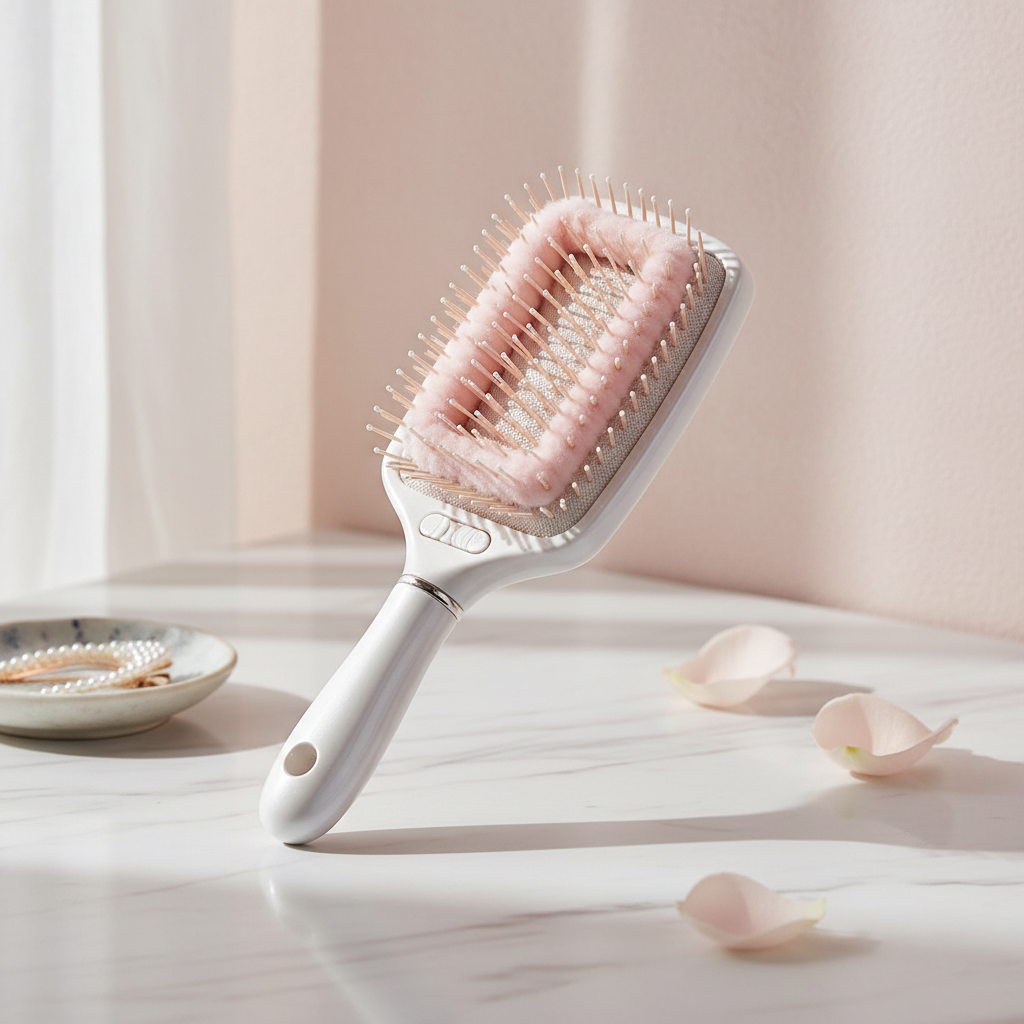 Brosse autonettoyante coussin d'air 3D sur marbre blanc – ambiance luxe